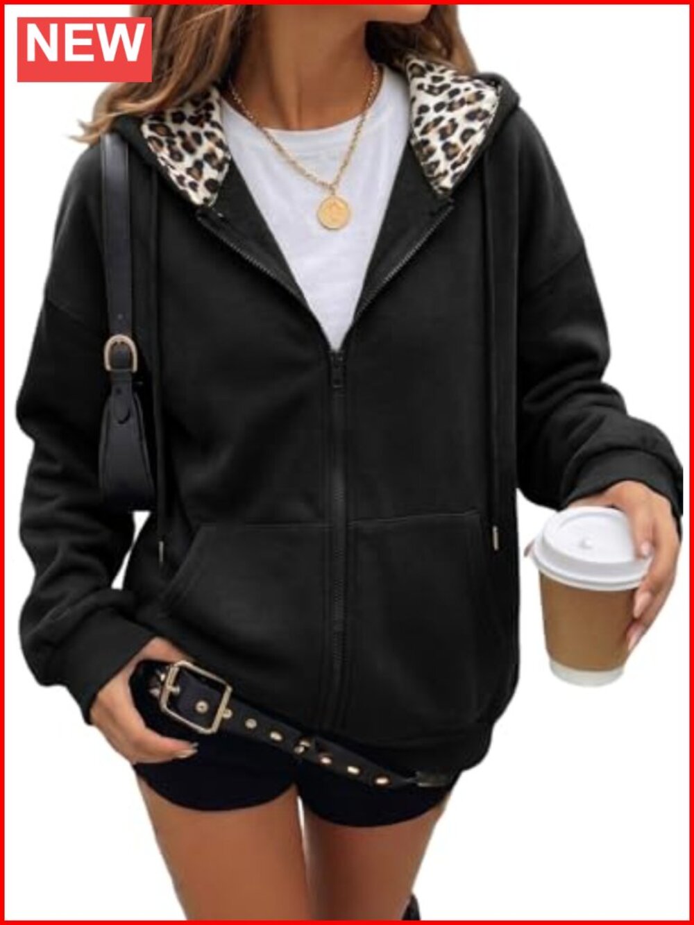 Leopard Lined Zip Up Hoodie Long Sleeve Oversized Sweatshirt Relaxed Fit